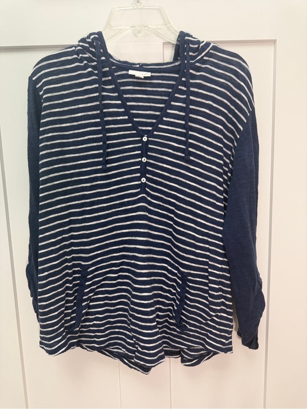 J Jill Linen + Cotton Navy and White Striped Hooded Pullover
